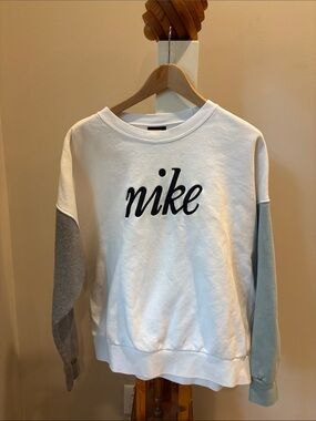 Nike White Crewneck Sweatshirt with Gray and Light Green Sleeves